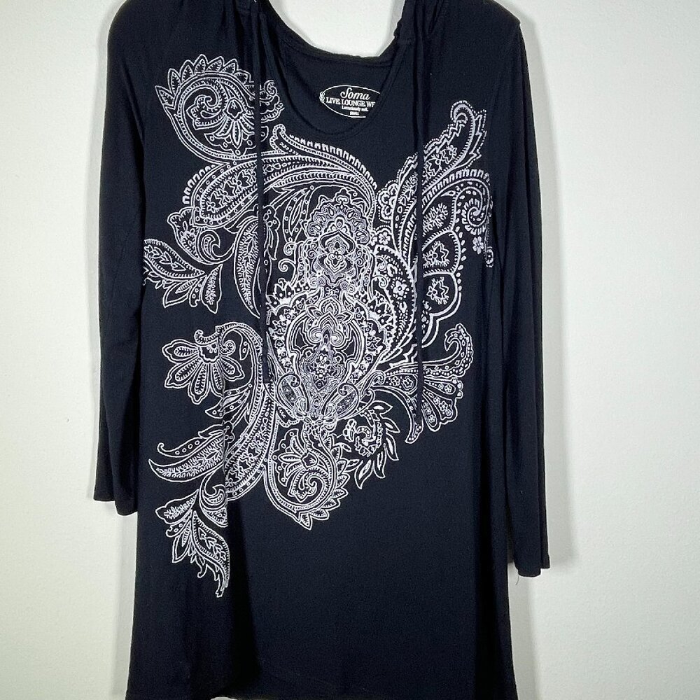 Soma Women's LS Black White Paisley Print Tunic Hooded Top Small!